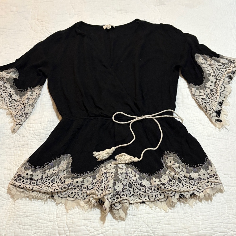Umgee Black Romper with Cream Lace Accents